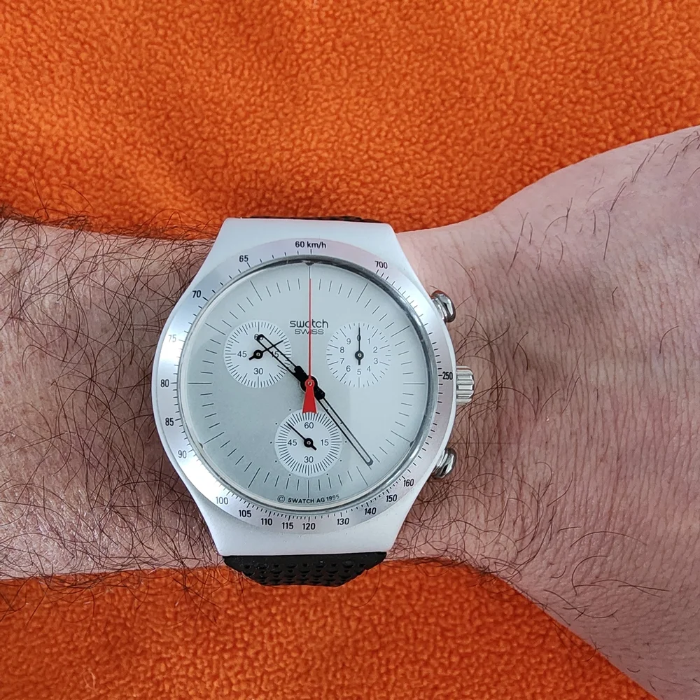 Swatch Silver Chronograph Watch with Black Strap